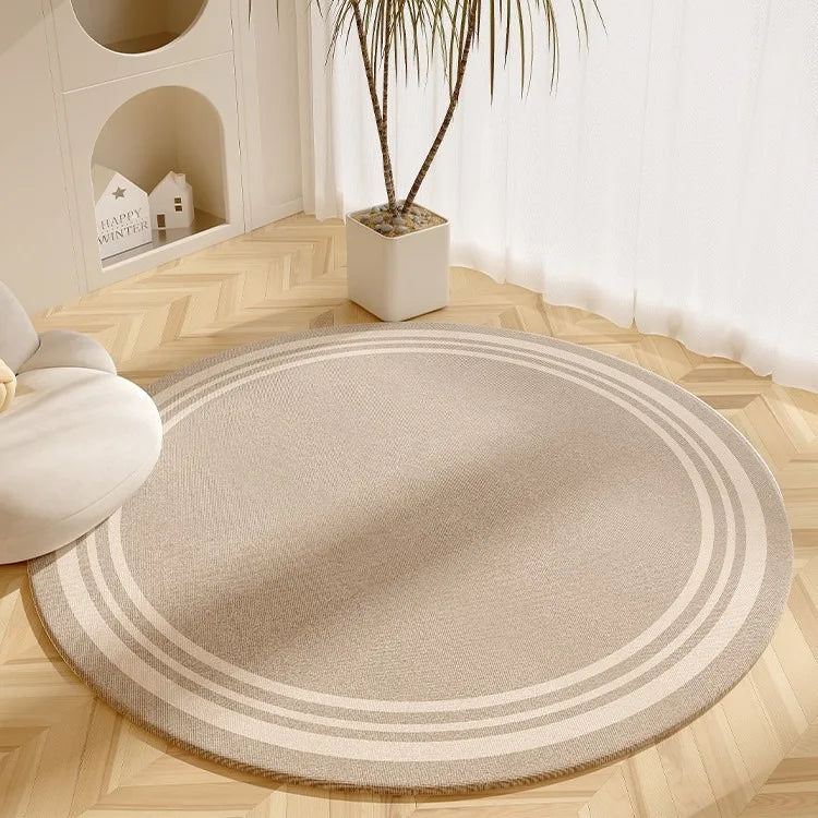 Modern Cream Round Rug with Abstract Black Lines Pattern Minimalist Carpet for Living Room Bedroom Home Decor Non-Slip Floor Mat