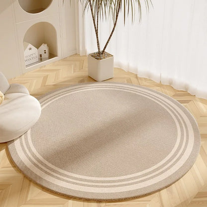 Modern Cream Round Rug with Abstract Black Lines Pattern Minimalist Carpet for Living Room Bedroom Home Decor Non-Slip Floor Mat