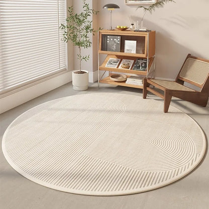 Modern Cream Round Rug with Abstract Black Lines Pattern Minimalist Carpet for Living Room Bedroom Home Decor Non-Slip Floor Mat