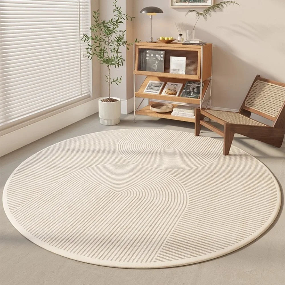 Modern Cream Round Rug with Abstract Black Lines Pattern Minimalist Carpet for Living Room Bedroom Home Decor Non-Slip Floor Mat