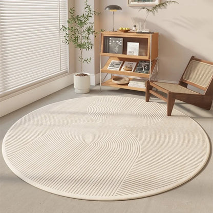 Modern Cream Round Rug with Abstract Black Lines Pattern Minimalist Carpet for Living Room Bedroom Home Decor Non-Slip Floor Mat