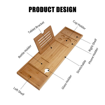 Bathtub Caddy Tray Bamboo Spa Bathtub Caddy Organizer Book Wine Tablet Holder Reading Rack Nonslip Bottom Extendable Sides