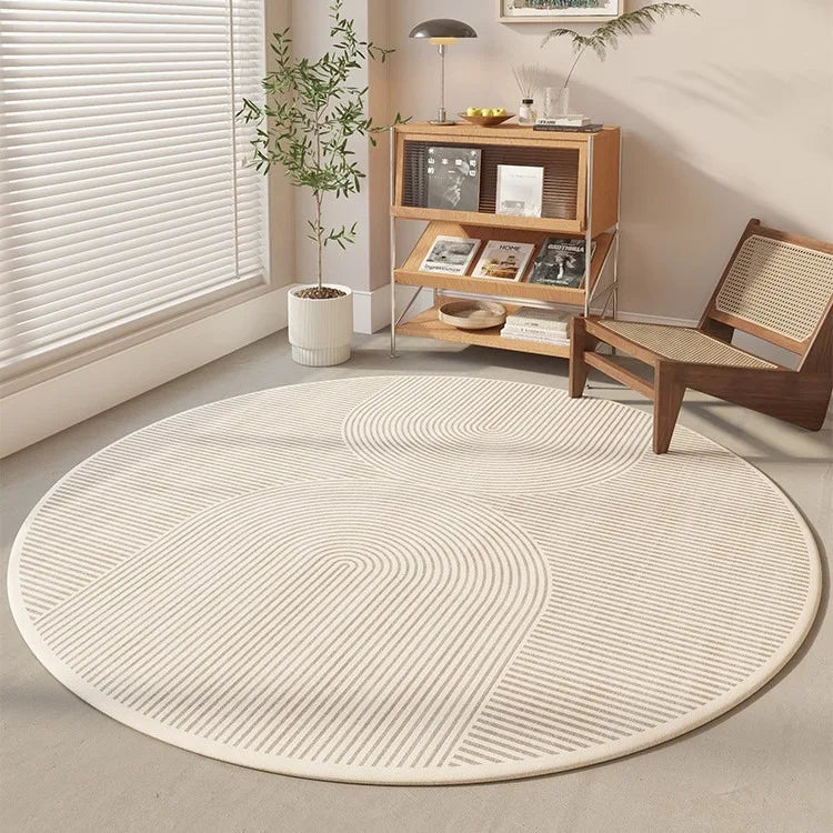 Modern Cream Round Rug with Abstract Black Lines Pattern Minimalist Carpet for Living Room Bedroom Home Decor Non-Slip Floor Mat