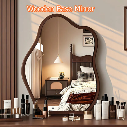 Irregular Wall Mirror Wavy Wooden Framed Modern Bohemian Decorative Mirror for Bathroom Bedroom Living Room Entryway