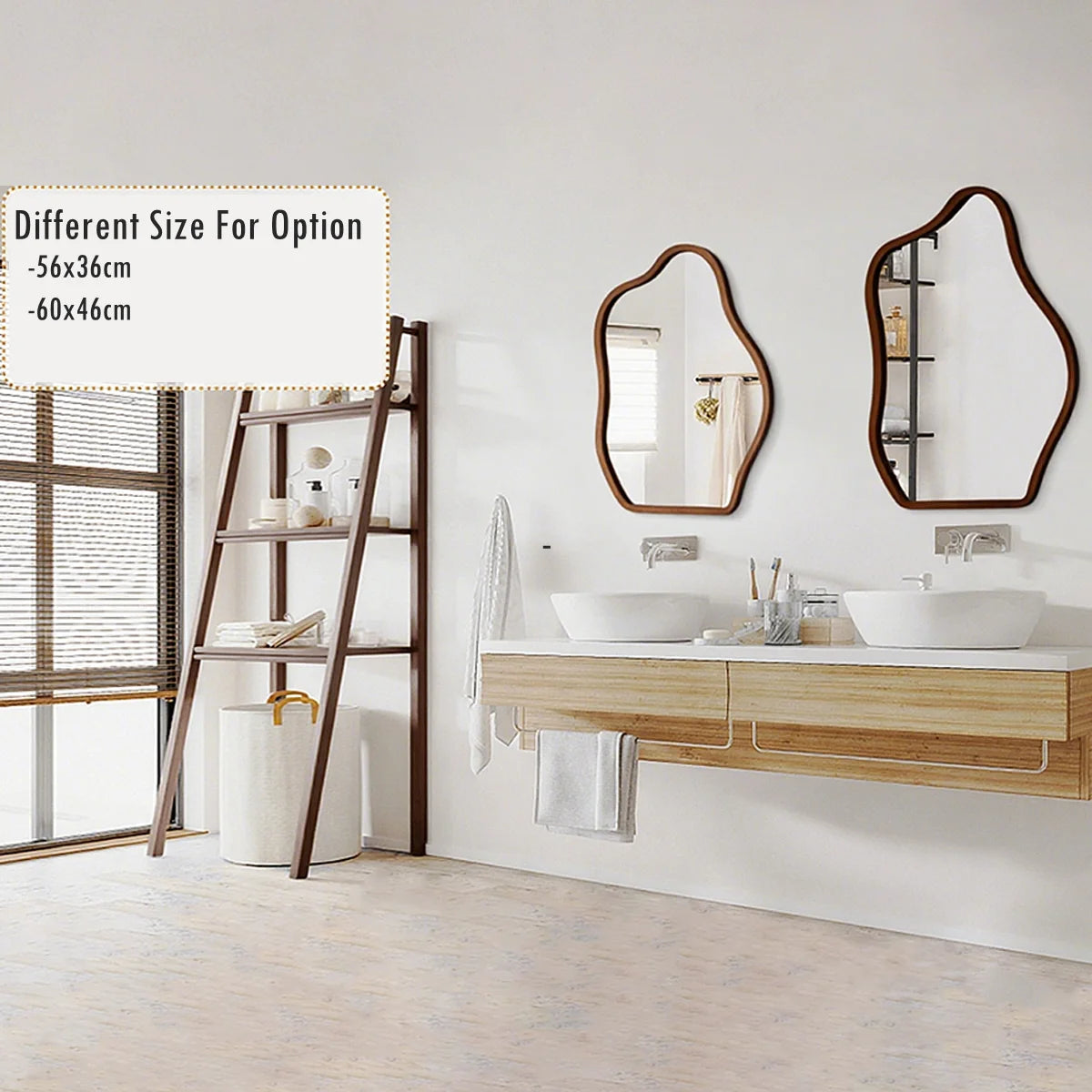 Irregular Wall Mirror Wavy Wooden Framed Modern Bohemian Decorative Mirror for Bathroom Bedroom Living Room Entryway
