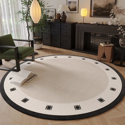 Modern Cream Round Rug with Abstract Black Lines Pattern Minimalist Carpet for Living Room Bedroom Home Decor Non-Slip Floor Mat