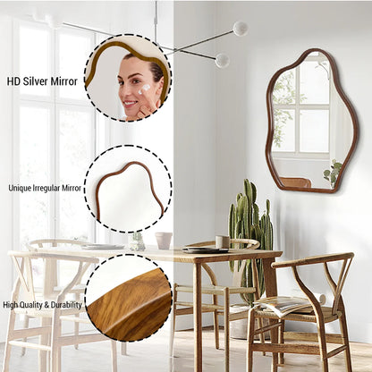 Irregular Wall Mirror Wavy Wooden Framed Modern Bohemian Decorative Mirror for Bathroom Bedroom Living Room Entryway