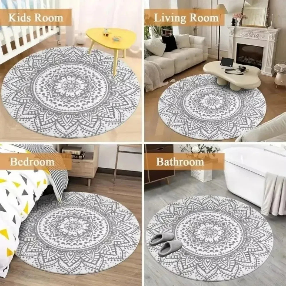 Modern Cream Round Rug with Abstract Black Lines Pattern Minimalist Carpet for Living Room Bedroom Home Decor Non-Slip Floor Mat