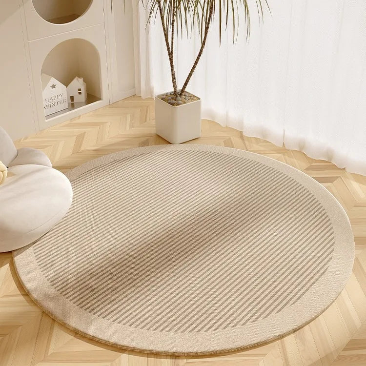 Modern Cream Round Rug with Abstract Black Lines Pattern Minimalist Carpet for Living Room Bedroom Home Decor Non-Slip Floor Mat